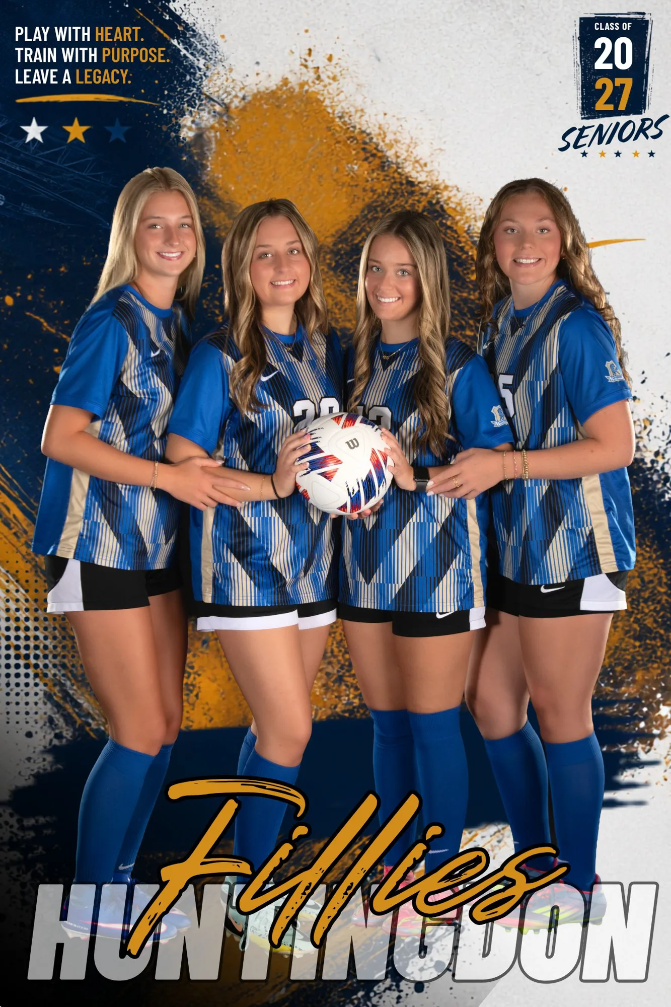 Senior group composite poster of four soccer players in matching home kit