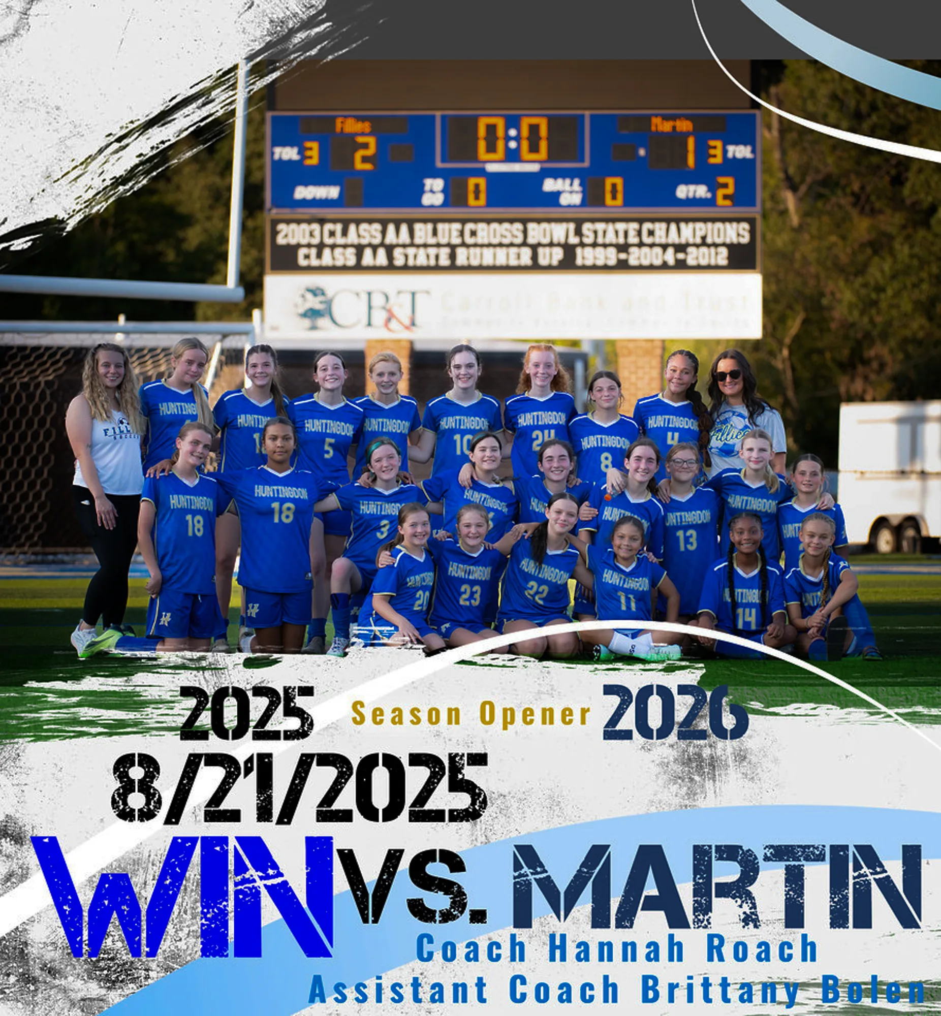 Team photo finished as a match-day graphic marking a season-opening win, with the final score and coaching staff
