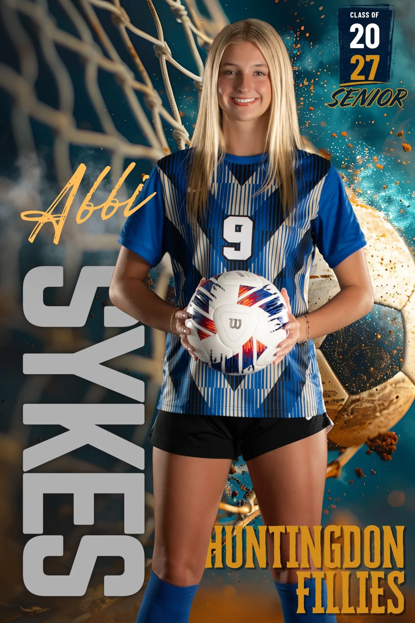 Senior soccer composite poster with a goal-net backdrop and the athlete holding a match ball